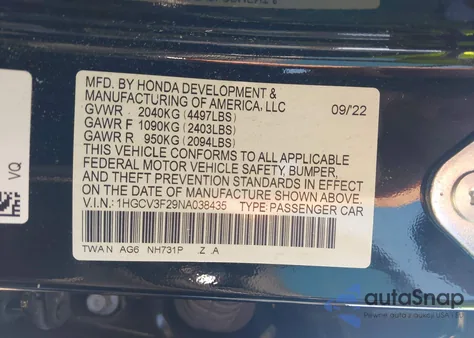 2022 Honda Accord Hybrid Sport from USA, damaged, VIN 1HGCV3F29NA038435